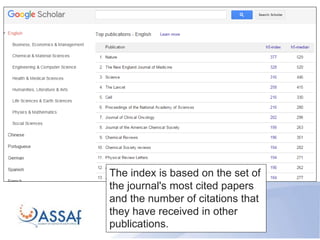 The index is based on the set of
the journal's most cited papers
and the number of citations that
they have received in other
publications.
 