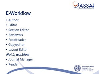 E-Workflow
• Author
• Editor
• Section Editor
• Reviewers
• Proofreader
• Copyeditor
• Layout Editor
Not in workflow
• Journal Manager
• Reader
5
 
