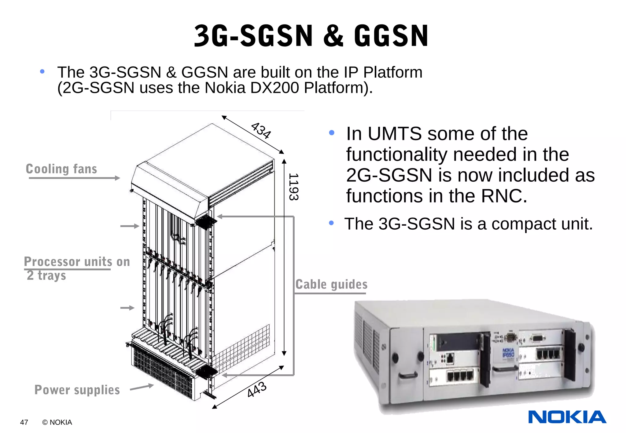 47 © NOKIA
3G-SGSN & GGSN
• The 3G-SGSN & GGSN are built on the IP Platform
(2G-SGSN uses the Nokia DX200 Platform).
Power supplies
Cooling fans
Cable guides
Processor units on
2 trays
1193
443
434 • In UMTS some of the
functionality needed in the
2G-SGSN is now included as
functions in the RNC.
• The 3G-SGSN is a compact unit.
 