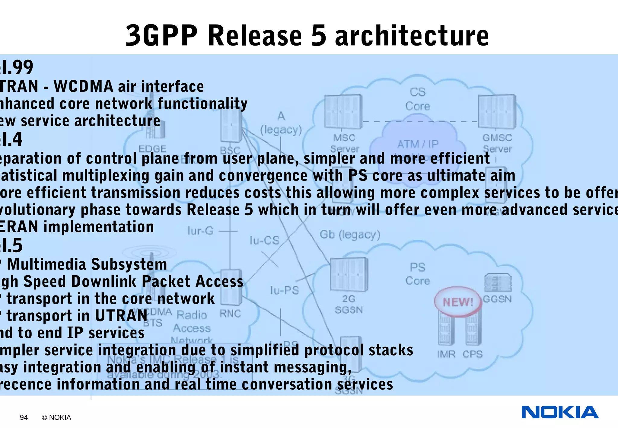 94 © NOKIA
3GPP Release 5 architecture
el.99
TRAN - WCDMA air interface
nhanced core network functionality
ew service architecture
el.4
eparation of control plane from user plane, simpler and more efficient
tatistical multiplexing gain and convergence with PS core as ultimate aim
ore efficient transmission reduces costs this allowing more complex services to be offer
volutionary phase towards Release 5 which in turn will offer even more advanced service
ERAN implementation
el.5
P Multimedia Subsystem
igh Speed Downlink Packet Access
P transport in the core network
P transport in UTRAN
nd to end IP services
mpler service integration due to simplified protocol stacks
asy integration and enabling of instant messaging,
recence information and real time conversation services
 