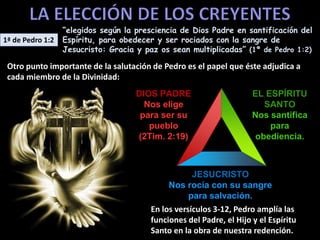 1ª de Pedro 1:2
“elegidos según la presciencia de Dios Padre en santificación del
Espíritu, para obedecer y ser rociados con la sangre de
Jesucristo: Gracia y paz os sean multiplicadas” (1ª de Pedro 1:2)
Otro punto importante de la salutación de Pedro es el papel que éste adjudica a
cada miembro de la Divinidad:
DIOS PADRE
Nos elige
para ser su
pueblo
(2Tim. 2:19)
EL ESPÍRITU
SANTO
Nos santifica
para
obediencia.
JESUCRISTO
Nos rocía con su sangre
para salvación.
En los versículos 3-12, Pedro amplía las
funciones del Padre, el Hijo y el Espíritu
Santo en la obra de nuestra redención.
 