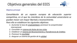 Consolidación de un espacio europeo de educación superior
competitivo, en el que los miembros de la comunidad universitaria se
puedan mover con mayor libertad y reconocimiento.
Para ello se establecen los siguientes objetivos:
1.- Aumentar la tasa de empleabilidad y promover la competitividad
internacional.
2.- Consolidar un sistema de títulos de tres ciclos.
3.- Establecer un Sistema de Reconocimiento y Transferencia de Créditos.
4.- Promover la movilidad.
5.- Asegurar un sistema de gestión de la calidad.
Objetivo principal
Objetivos generales del EEES
 