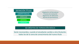 60 CRÉDITOS DE FORMACIÓN BÁSICA
Serán reconocidos, cuando el estudiante cambie a otra titulación,
todos los de la rama de conocimiento del nuevo título
DEFINICIÓN TÍTULO
COMPETENCIAS
MÓDULOS
MATERIAS
ASIGNATURA
Adaptación de Normativas:
Procesos de evaluación
Regímenes de dedicación
Normas de permanencia
 