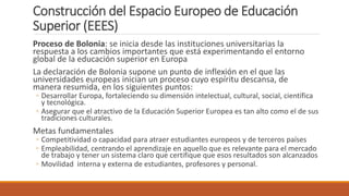 Construcción del Espacio Europeo de Educación
Superior (EEES)
Proceso de Bolonia: se inicia desde las instituciones universitarias la
respuesta a los cambios importantes que está experimentando el entorno
global de la educación superior en Europa
La declaración de Bolonia supone un punto de inflexión en el que las
universidades europeas inician un proceso cuyo espíritu descansa, de
manera resumida, en los siguientes puntos:
◦ Desarrollar Europa, fortaleciendo su dimensión intelectual, cultural, social, científica
y tecnológica.
◦ Asegurar que el atractivo de la Educación Superior Europea es tan alto como el de sus
tradiciones culturales.
Metas fundamentales
◦ Competitividad o capacidad para atraer estudiantes europeos y de terceros países
◦ Empleabilidad, centrando el aprendizaje en aquello que es relevante para el mercado
de trabajo y tener un sistema claro que certifique que esos resultados son alcanzados
◦ Movilidad interna y externa de estudiantes, profesores y personal.
 