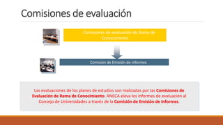 Comisiones de evaluación
Comisiones de evaluación de Rama de
Conocimiento
Comisión de Emisión de informes
Las evaluaciones de los planes de estudios son realizadas por las Comisiones de
Evaluación de Rama de Conocimiento. ANECA eleva los informes de evaluación al
Consejo de Universidades a través de la Comisión de Emisión de Informes.
 