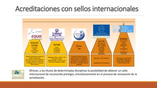 Acreditaciones con sellos internacionales
ENAEE
(„EUR-ACE“-
Label)
European
Network for
the
Accreditation
of
Engineering
Education
All European Engineering
Accreditation Agencies +
FEANI, SEFI, CESAER,
EUROCADRE S etc.
More than 200 chemical
societies and HE EEurope
Euro-
Inf
European funded project to
jolint European accreditation
standards and a qualification
framework for accreditation of
informatics / computer-science
education
leading international system of
quality assessment,
improvement, and accreditation
of higher education institutions
in management and business
administration
Regional offices in Africa, The
Americas, Eastern
Mediterranean, Europe, South
East Asia, Western Pacidfic
WFME
World
Federation
for Medical
Education
ECTN
(Eurobach
elor-Label)
European
Chemistry
Thematic
Network
Association
EQUIS/
EFMD
European
Quality
Improvement
System
Ofrecer, a los títulos de determinadas disciplinas la posibilidad de obtener un sello
internacional de reconocido prestigio, simultáneamente en el proceso de renovación de la
acreditación.
 