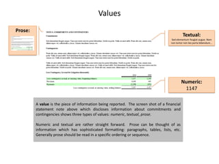 Values
Prose:
                                                                                               Textual:
                                                                                     Sed elementum feugiat augue. Nam
                                                                                     non tortor non leo porta bibendum...




                                                                                              Numeric:
                                                                                               1147

         A value is the piece of information being reported. The screen shot of a financial
         statement note above which discloses information about commitments and
         contingencies shows three types of values: numeric, textual, prose.

         Numeric and textual are rather straight forward. Prose can be thought of as
         information which has sophisticated formatting: paragraphs, tables, lists, etc.
         Generally prose should be read in a specific ordering or sequence.
 
