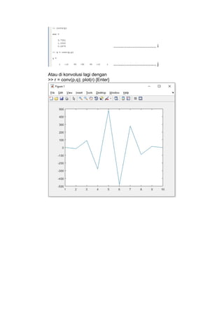 Atau di konvolusi lagi dengan
>> r = conv(p,q); plot(r) {Enter}
.................................. i
.................................. j
 
