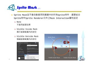  Sprite Mask並不會自動套用到圖層中的所有Sprite物件，還要結合
Sprite物件Sprite Renderer元件之Mask Interaction屬性設定
 None
不套用遮罩效果
 Visible Inside Mask
顯示遮罩範圍內的部份
 Visible Outside Mask
隱藏遮罩範圍內的部份
Sprite Mask 3/3
15
None
Visible Inside Mask Visible Outside Mask
Sprite Mask
 