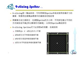  9-slicing是⼀種2D技術，可利用單張Sprite來組成使用各種尺寸的
圖像，常應用在建構2D環境中的牆面或地板紋理
 將圖像分成九個部分，在調整Sprite的大小時，不同部位會以不同的
方式縮放或平鋪(即以圖塊形式重複)，以保持Sprite構成部份
 9-slicing Sprites尺寸必須是4的倍數，在縮放時
 四個角(A、C、G和I)的大小不變
 B和H部分水平伸縮或重複平鋪
 D和F部分垂直伸縮或重複平鋪
 E部分水平和垂直伸縮或重複平鋪
9-slicing Sprites 1/4
9
 