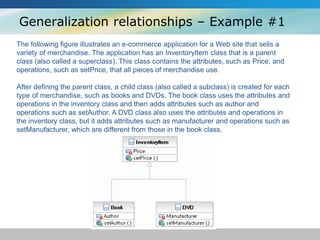 Generalization relationships – Example #1
The following figure illustrates an e-commerce application for a Web site that sells a
variety of merchandise. The application has an InventoryItem class that is a parent
class (also called a superclass). This class contains the attributes, such as Price, and
operations, such as setPrice, that all pieces of merchandise use.
After defining the parent class, a child class (also called a subclass) is created for each
type of merchandise, such as books and DVDs. The book class uses the attributes and
operations in the inventory class and then adds attributes such as author and
operations such as setAuthor. A DVD class also uses the attributes and operations in
the inventory class, but it adds attributes such as manufacturer and operations such as
setManufacturer, which are different from those in the book class.
 