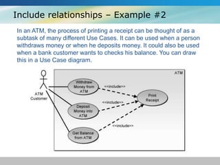 Include relationships – Example #2
In an ATM, the process of printing a receipt can be thought of as a
subtask of many different Use Cases. It can be used when a person
withdraws money or when he deposits money. It could also be used
when a bank customer wants to checks his balance. You can draw
this in a Use Case diagram.
 