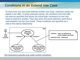 Conditions in an Extend Use Case
To show how one Use Case extends another Use Case, extension points are
added in the UML. In these extension points, the conditions from the UML
can also be specified that shows the actual logic necessary for one Use
Case to extend to another. They also show the exact extension point that is
used between the two Use Cases. These conditions are specified as a
note to the extend relationship
The extensions operate only under certain conditions
 