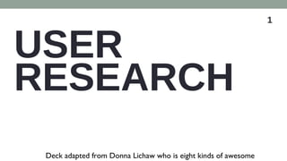 1
USER
RESEARCH
Deck adapted from Donna Lichaw who is eight kinds of awesome
 