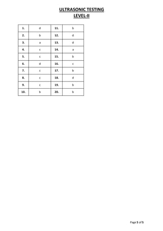 ULTRASONIC TESTING
LEVEL-II
Page 5 of 5
1. d 11. b
2. b 12. d
3. a 13. d
4. c 14. a
5. c 15. b
6. d 16. c
7. c 17. b
8. c 18. d
9. c 19. b
10. b 20. b
 