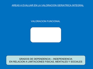 AREAS A EVALUAR EN LA VALORACION GERIATRICA INTEGRAL VALORACION FUNCIONAL GRADOS DE DEPENDENCIA – INDEPENDENCIA EN RELACION A LIMITACIONES FISICAS, MENTALES Y SOCIALES 