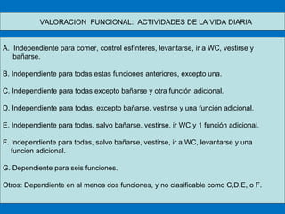 VALORACION  FUNCIONAL:  ACTIVIDADES DE LA VIDA DIARIA Independiente para comer, control esfínteres, levantarse, ir a WC, vestirse y bañarse. B. Independiente para todas estas funciones anteriores, excepto una. C. Independiente para todas excepto bañarse y otra función adicional. D. Independiente para todas, excepto bañarse, vestirse y una función adicional. E. Independiente para todas, salvo bañarse, vestirse, ir WC y 1 función adicional. F. Independiente para todas, salvo bañarse, vestirse, ir a WC, levantarse y una función adicional. G. Dependiente para seis funciones. Otros: Dependiente en al menos dos funciones, y no clasificable como C,D,E, o F. 