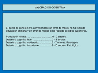 VALORACION COGNITIVA  El punto de corte en 2/3, permitiéndose un error de más si no ha recibido educación primaria y un error de menos si ha recibido estudios superiores. Puntuación normal: ....................................0 - 2 errores. Deterioro cognitivo leve: ............................3 - 4 errores. Deterioro cognitivo moderado: ..................5 - 7 errores. Patológico Deterioro cognitivo importante:..................8 -10 errores. Patológico. 