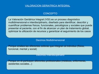 VALORACION GERIATRICA INTEGRAL CONCEPTO La Valoración Geriátrica Integral (VGI) es un proceso diagnóstico multidimensional e interdisciplinario, diseñado para identificar, describir y cuantificar problemas físicos, funcionales, psicológicos y sociales que pueda presentar el paciente, con el fin de alcanzar un plan de tratamiento global, optimizar la utilización de recursos y garantizar el seguimiento de los casos Decimos Multidimensional Porque analiza las diferentes esferas que integran al individuo (física, funcional, mental y social) Decimos Interdisciplinario Porque en él participan diferentes profesionales (médicos, enfermeras, asistentes sociales...) 