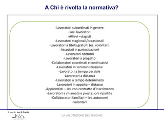 A Chi è rivolta la normativa?
A cura di: Ing. G. Pucillo
-Lavoratori subordinati in genere
-Soci lavoratori
-Allievi –stagisti
-Lavoratori stagionali/occasionali
-Lavoratori a titolo gratuiti (es. volontari)
-Associati in partecipazioni
-Lavoratori notturni
-Lavoratori a progetto
-Collaboratori coordinati e continuativi
-Lavoratori in somministrazione
-Lavoratori a tempo parziale
-Lavoratori a distanza
-Lavoratori a tempo determinato
-Lavoratori in appalto – distacco
-Apprendisti – lav. con contratto d’inserimento
-Lavoratori a chiamata e prestazioni ripartite
-Collaboratori familiari – lav. autonomi
-volontari
LA VALUTAZIONE DEL RISCHIO
 