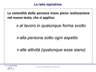 La ratio ispiratrice
A cura di: Ing. G. Pucillo
La centralità della persona trova piena realizzazione
nel nuovo testo, che si applica:
al lavoro in qualunque forma svolto
alla persona sotto ogni aspetto
alle attività (qualunque esse siano)
LA VALUTAZIONE DEL RISCHIO
 