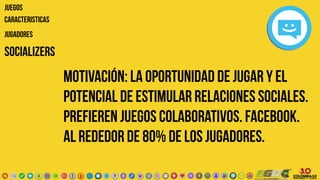 socializers
JUEGOS
JUGADORES
CARACTERISTICAS
Motivación: la oportunidad de jugar y el
potencial de estimular relaciones sociales.
prefieren juegos colaborativos. Facebook.
al rededor de 80% de los jugadores.
 