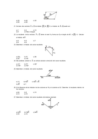 R
37°
16°
30
a) 30 b) 40 c) 50
d) 60 e) 80
21. Se tiene dos vectores A y B de módulo A =6; B =3, el módulo de BA  puede ser :
a) 1 b) 4 c) 10
d) 0 e) Falta el ángulo
22. La resultante de los vectores P y Q tienen el valor 8 y forma con Q un ángulo de 60°, si Q = 3. Calcular
el módulo de P .
a) 4 b) 5 c) 7
d) 8 e) 6
23. Determinar el módulo del vector resultante
A
B
C
21
72
a) 28 b) 75 c) 96
d) 50 e) 150
24. Del problema anterior si A es vertical calcular la dirección del vector resultante.
a) 16° b) 74° c) 90°
d) 106° e) 164°
25. Determinar el módulo del vector resultante
60°
43
5 43+5
a) 12 b) 34 c) 534 
d) 5 e) 1
26. Si la diferencia de los módulos de dos vectores es 16 y el cociente es 0,6. Determine la resultante máxima de
los vectores.
a) 64 b) 8 c) 10
d) 12 e) 16
27. Determinar el módulo del vector resultante del sistema mostrado
60°60°
8 3
8 3 7
a) 32 b) 310 c) 38
d) 25 e) 16
 