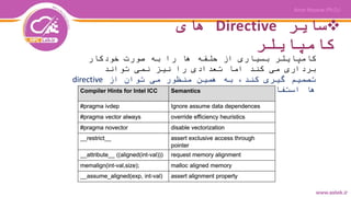 ‫سایر‬Directive‫های‬
‫کامپایلر‬
‫خودکار‬ ‫صورت‬ ‫به‬ ‫را‬ ‫ها‬ ‫حلقه‬ ‫از‬ ‫بسیاری‬ ‫کامپایلر‬
‫تواند‬ ‫نمی‬ ‫نیز‬ ‫را‬ ‫تعدادی‬ ‫اما‬ ‫کند‬ ‫می‬ ‫برداری‬
‫از‬ ‫توان‬ ‫می‬ ‫منظور‬ ‫همین‬ ‫به‬ ،‫کند‬ ‫گیری‬ ‫تصمیم‬directive
‫کرد‬ ‫استفاده‬ ‫ها‬
 