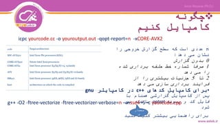 ‫چگونه‬
‫کنیم‬ ‫کامپایل‬
icpc yourcode.cc -o youroutput.out -qopt-report=n -xCORE-AVX2
n‫را‬ ‫خروجی‬ ‫گزارش‬ ‫سطح‬ ‫که‬ ‫است‬ ‫عددی‬
‫دهد‬ ‫می‬ ‫نشان‬:
0‫گزارش‬ ‫بدون‬
1‫شده‬ ‫برداری‬ ‫حلقه‬ ‫خط‬ ‫شماره‬ ‫صرفا‬
‫دهد‬ ‫می‬ ‫را‬
2‫تا‬5‫از‬ ‫را‬ ‫بیشتری‬ ‫جزئیات‬
‫دهد‬ ‫می‬ ‫سازی‬ ‫برداری‬ ‫فرایند‬
‫با‬ ‫همنام‬ ‫گزارشی‬ ‫کامپایل‬ ‫از‬ ‫پس‬
‫پسوند‬ ‫و‬ ‫کد‬ ‫فایل‬optrpt‫می‬ ‫ساخته‬
‫شود‬
•‫کدهای‬ ‫کامپایل‬ ‫برای‬c++‫کامپایلر‬ ‫در‬gnu
g++ -O2 -ftree-vectorize -ftree-vectorizer-verbose=n –msse4 -S -c yourcode.cpp
‫کنید‬ ‫کلیک‬ ‫بیشتر‬ ‫راهنمایی‬ ‫برای‬
‫معمار‬
‫ی‬
code Targetarchitecture
MIC-AVX512 Intel Xeon Phi processors (KNL)
CORE-AVX512 Future Intel Xeonprocessors
CORE-AVX2 Intel Xeon processor E3/E5/E7 v3, v4family
AVX Intel Xeon processor E3/E5 and E3/E5/E7 v2family
SSE4.2 Intel Xeon processor 55XX, 56XX,75XX and E7family
host architecture on which the code is compiled
 