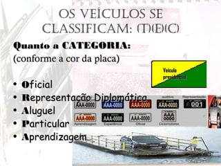 Os veículOs se
classificam: (t)(e)(c)
Quanto aQuanto a CATEGORIACATEGORIA::
(conforme a cor da placa)(conforme a cor da placa)
• OOficialficial
• RRepresentação Diplomáticaepresentação Diplomática
• AAluguelluguel
• PParticulararticular
• AAprendizagemprendizagem
VeículoVeículo
presidencialpresidencial
 