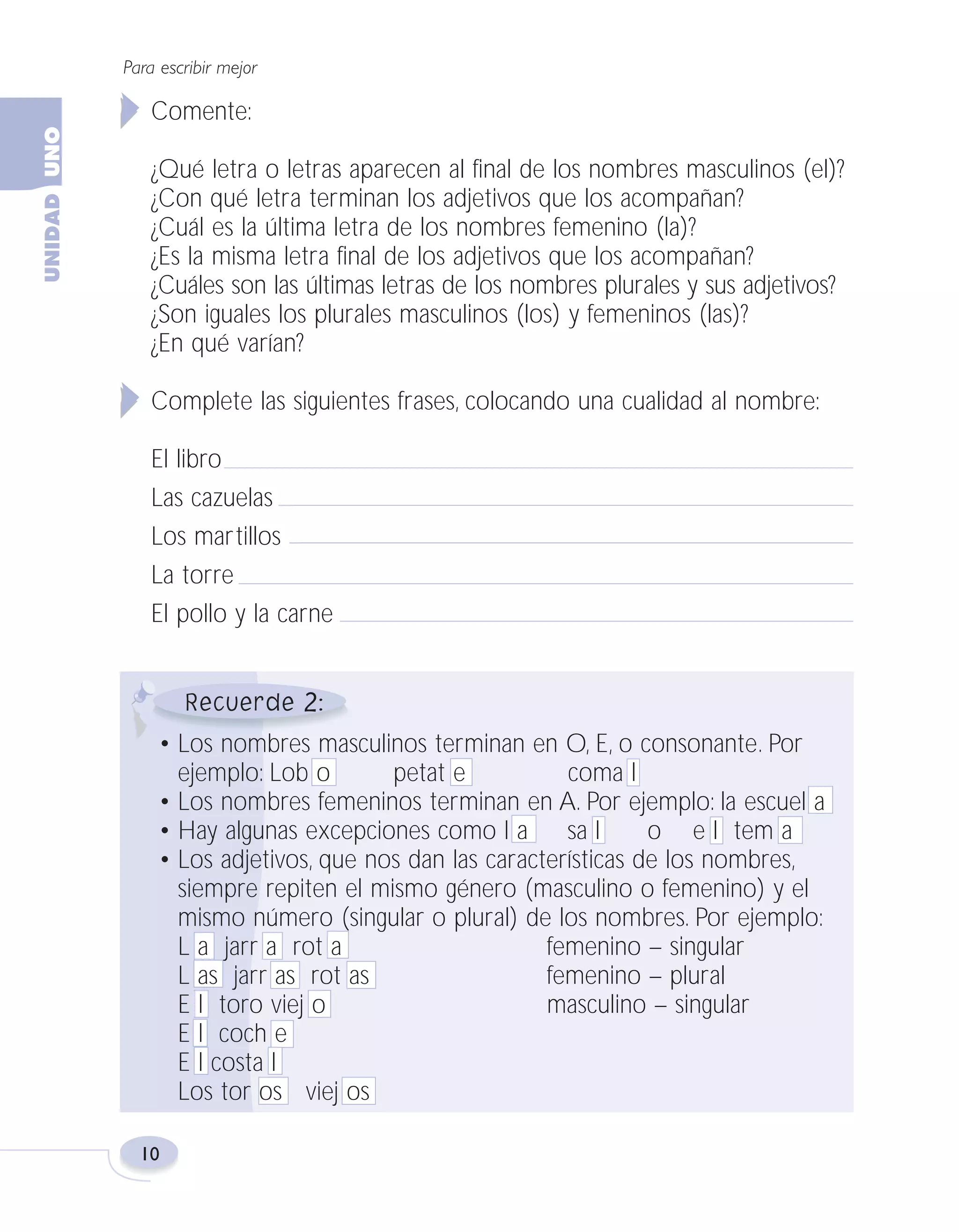 Fas Vamos escribir U1

5/25/04

6:53 PM

Página 10

Para escribir mejor

Comente:
¿Qué letra o letras aparecen al final de los nombres masculinos (el)?
¿Con qué letra terminan los adjetivos que los acompañan?
¿Cuál es la última letra de los nombres femenino (la)?
¿Es la misma letra final de los adjetivos que los acompañan?
¿Cuáles son las últimas letras de los nombres plurales y sus adjetivos?
¿Son iguales los plurales masculinos (los) y femeninos (las)?
¿En qué varían?
Complete las siguientes frases, colocando una cualidad al nombre:
El libro
Las cazuelas
Los martillos
La torre
El pollo y la carne

2
• Los nombres masculinos terminan en O, E, o consonante. Por
ejemplo: Lob o
petat e
coma l
• Los nombres femeninos terminan en A. Por ejemplo: la escuel a
• Hay algunas excepciones como l a
sa l
o e l tem a
• Los adjetivos, que nos dan las características de los nombres,
siempre repiten el mismo género (masculino o femenino) y el
mismo número (singular o plural) de los nombres. Por ejemplo:
L a jarr a rot a
femenino – singular
L as jarr as rot as
femenino – plural
E l toro viej o
masculino – singular
E l coch e
E l costa l
Los tor os viej os
10

 