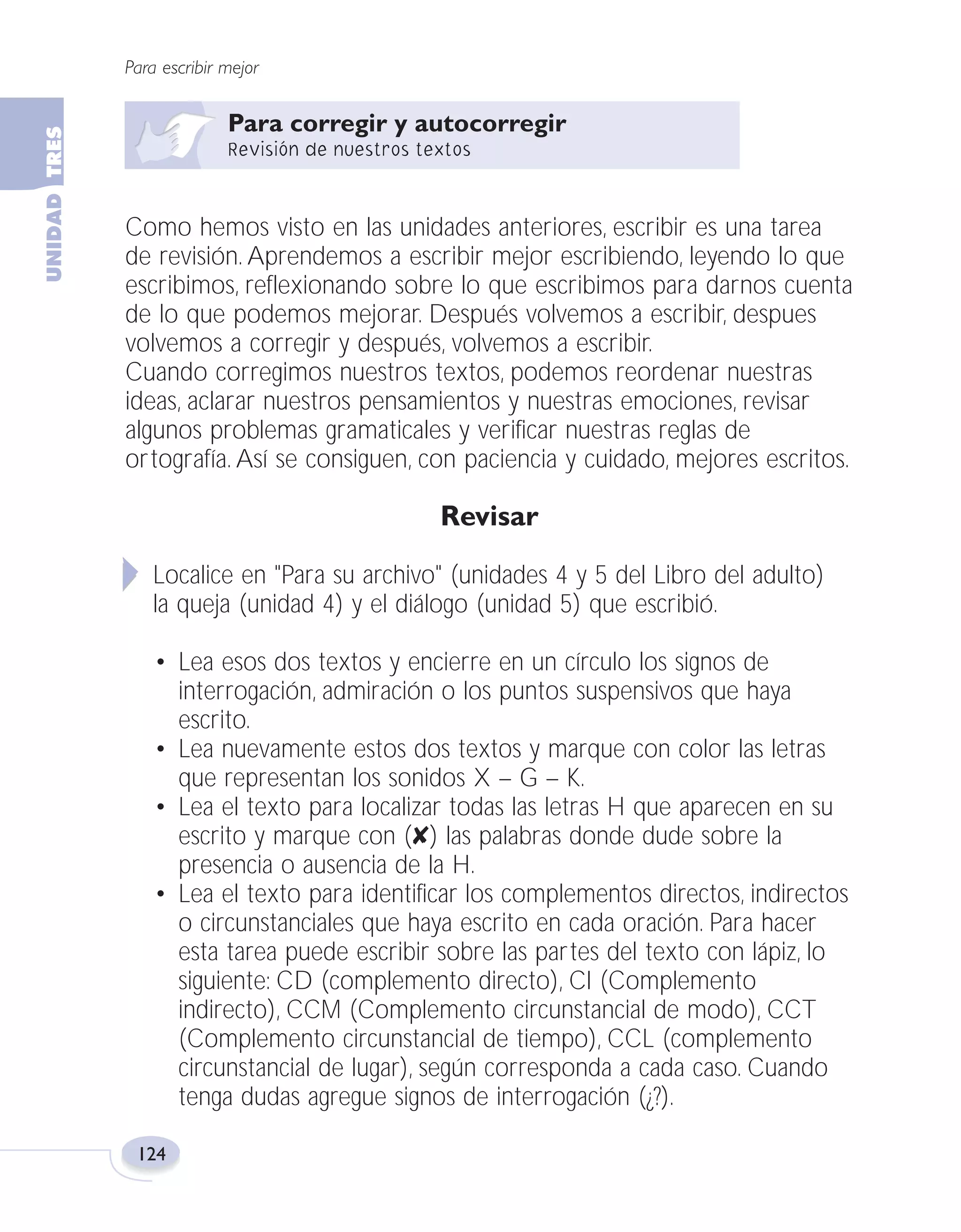 Fas Vamos escribir U3

5/25/04

6:56 PM

Página 124

Para escribir mejor

Como hemos visto en las unidades anteriores, escribir es una tarea
de revisión. Aprendemos a escribir mejor escribiendo, leyendo lo que
escribimos, reflexionando sobre lo que escribimos para darnos cuenta
de lo que podemos mejorar. Después volvemos a escribir, despues
volvemos a corregir y después, volvemos a escribir.
Cuando corregimos nuestros textos, podemos reordenar nuestras
ideas, aclarar nuestros pensamientos y nuestras emociones, revisar
algunos problemas gramaticales y verificar nuestras reglas de
ortografía. Así se consiguen, con paciencia y cuidado, mejores escritos.

Revisar
Localice en "Para su archivo" (unidades 4 y 5 del Libro del adulto)
la queja (unidad 4) y el diálogo (unidad 5) que escribió.
• Lea esos dos textos y encierre en un círculo los signos de
interrogación, admiración o los puntos suspensivos que haya
escrito.
• Lea nuevamente estos dos textos y marque con color las letras
que representan los sonidos X – G – K.
• Lea el texto para localizar todas las letras H que aparecen en su
escrito y marque con (✘) las palabras donde dude sobre la
presencia o ausencia de la H.
• Lea el texto para identificar los complementos directos, indirectos
o circunstanciales que haya escrito en cada oración. Para hacer
esta tarea puede escribir sobre las partes del texto con lápiz, lo
siguiente: CD (complemento directo), CI (Complemento
indirecto), CCM (Complemento circunstancial de modo), CCT
(Complemento circunstancial de tiempo), CCL (complemento
circunstancial de lugar), según corresponda a cada caso. Cuando
tenga dudas agregue signos de interrogación (¿?).
124

 