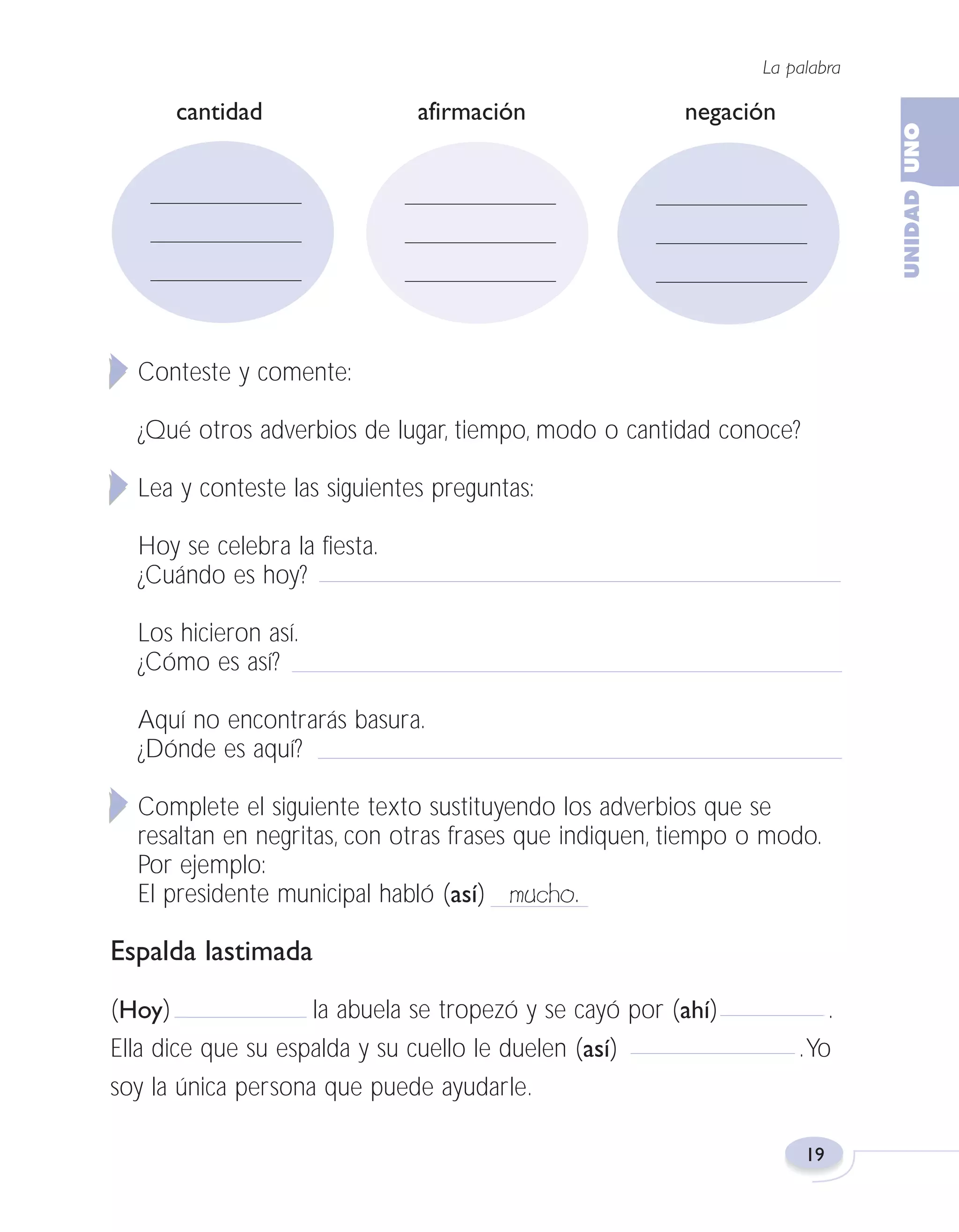 Fas Vamos escribir U1

5/25/04

6:53 PM

Página 19

La palabra

cantidad

afirmación

negación

Conteste y comente:
¿Qué otros adverbios de lugar, tiempo, modo o cantidad conoce?
Lea y conteste las siguientes preguntas:
Hoy se celebra la fiesta.
¿Cuándo es hoy?
Los hicieron así.
¿Cómo es así?
Aquí no encontrarás basura.
¿Dónde es aquí?
Complete el siguiente texto sustituyendo los adverbios que se
resaltan en negritas, con otras frases que indiquen, tiempo o modo.
Por ejemplo:
El presidente municipal habló (así) mucho.

Espalda lastimada
(Hoy)
la abuela se tropezó y se cayó por (ahí)
Ella dice que su espalda y su cuello le duelen (así)
soy la única persona que puede ayudarle.

.
.Yo

19

 