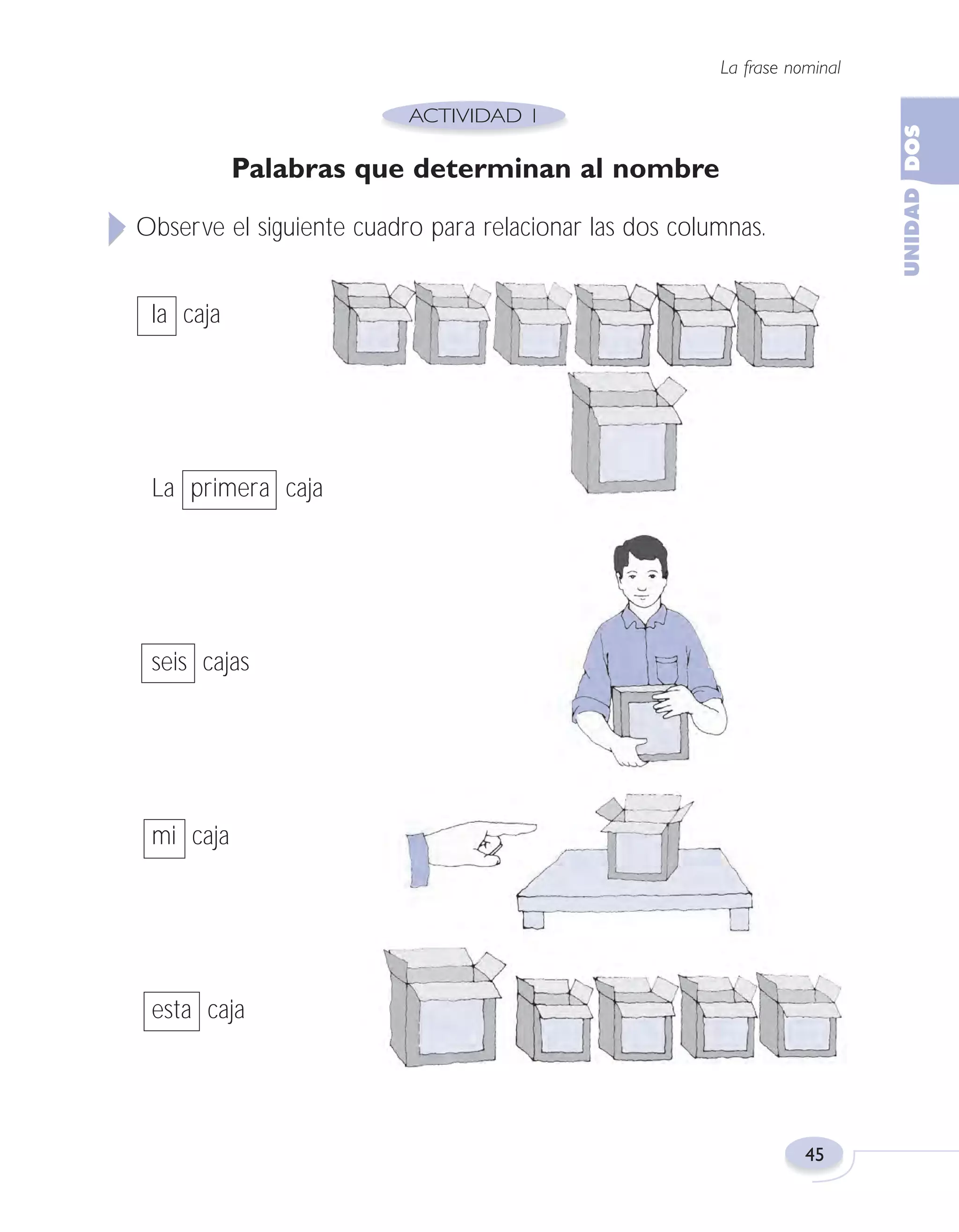 Fas Vamos escribir U2

5/25/04

6:54 PM

Página 45

La frase nominal

Palabras que determinan al nombre
Observe el siguiente cuadro para relacionar las dos columnas.
la caja

La primera caja

seis cajas

mi caja

esta caja

45

 