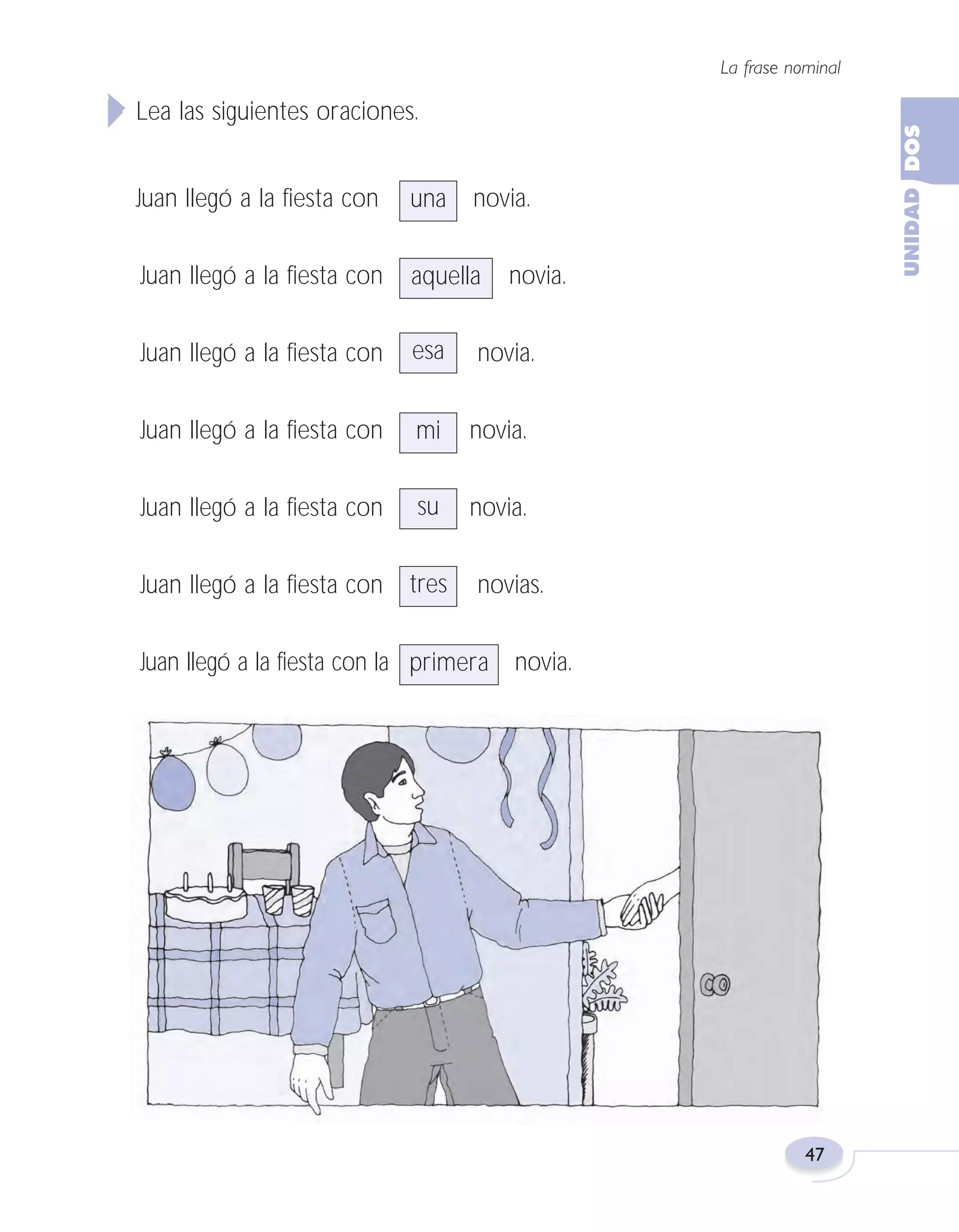 Fas Vamos escribir U2

5/25/04

6:54 PM

Página 47

La frase nominal

Lea las siguientes oraciones.
Juan llegó a la fiesta con

una

novia.

Juan llegó a la fiesta con

aquella

Juan llegó a la fiesta con

esa

Juan llegó a la fiesta con

mi

novia.

Juan llegó a la fiesta con

su

novia.

Juan llegó a la fiesta con

tres

novia.

novia.

novias.

Juan llegó a la fiesta con la primera

novia.

47

 