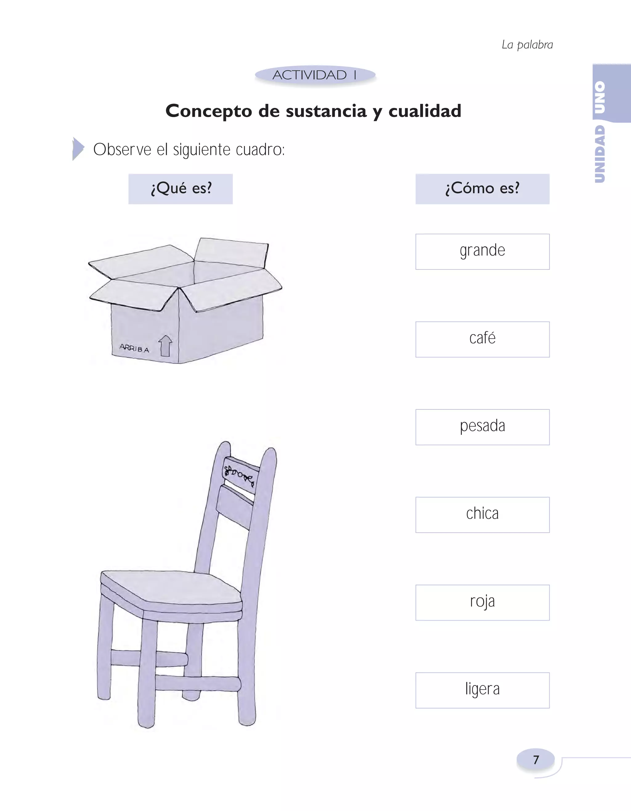 Fas Vamos escribir U1

5/25/04

6:53 PM

Página 7

La palabra

Concepto de sustancia y cualidad
Observe el siguiente cuadro:
¿Qué es?

¿Cómo es?

grande

café

pesada

chica

roja

ligera

7

 