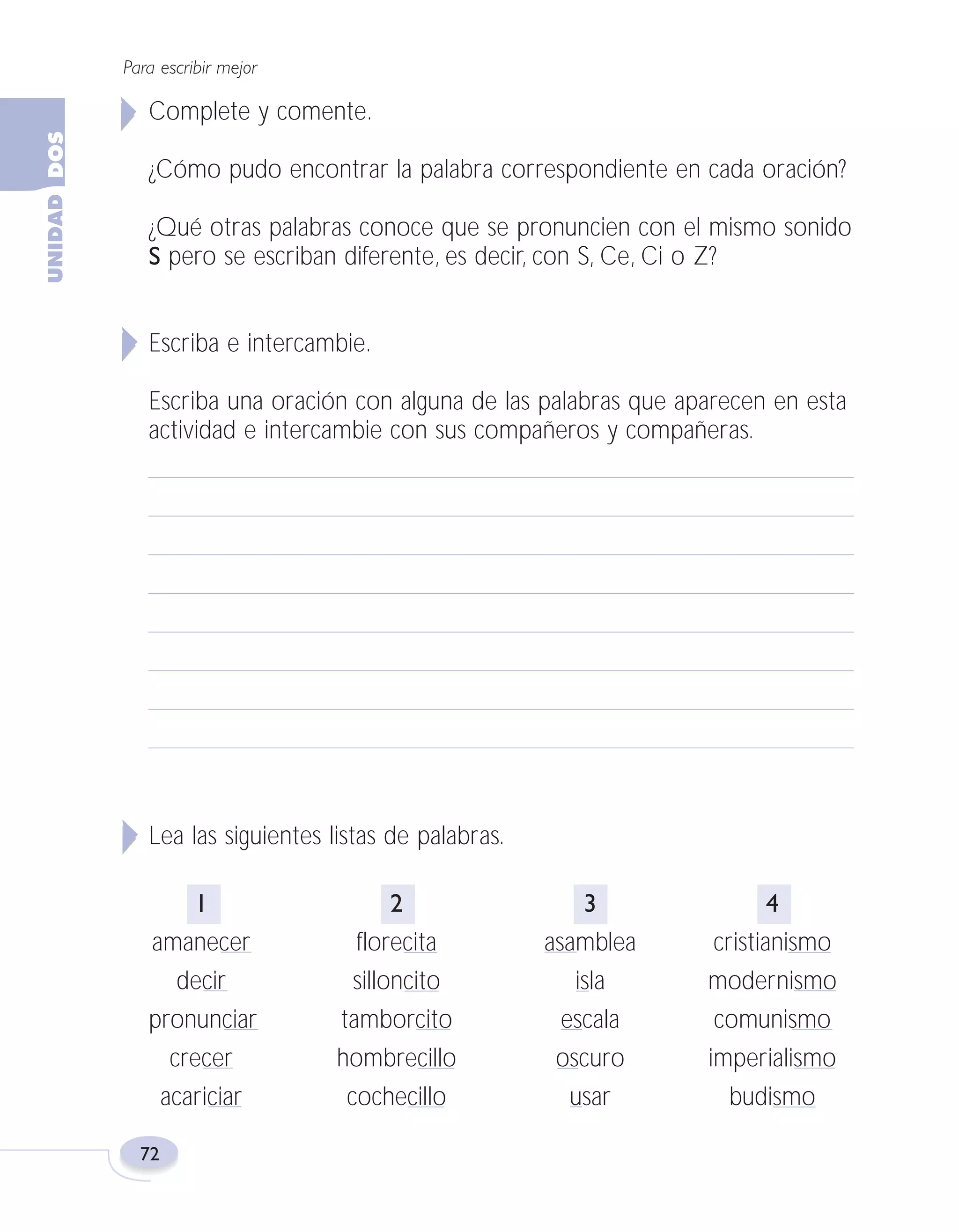 Fas Vamos escribir U2

5/25/04

6:55 PM

Página 72

Para escribir mejor

Complete y comente.
¿Cómo pudo encontrar la palabra correspondiente en cada oración?
¿Qué otras palabras conoce que se pronuncien con el mismo sonido
S pero se escriban diferente, es decir, con S, Ce, Ci o Z?
Escriba e intercambie.
Escriba una oración con alguna de las palabras que aparecen en esta
actividad e intercambie con sus compañeros y compañeras.

Lea las siguientes listas de palabras.
1
amanecer
decir
pronunciar
crecer
acariciar
72

2
florecita
silloncito
tamborcito
hombrecillo
cochecillo

3
asamblea
isla
escala
oscuro
usar

4
cristianismo
modernismo
comunismo
imperialismo
budismo

 