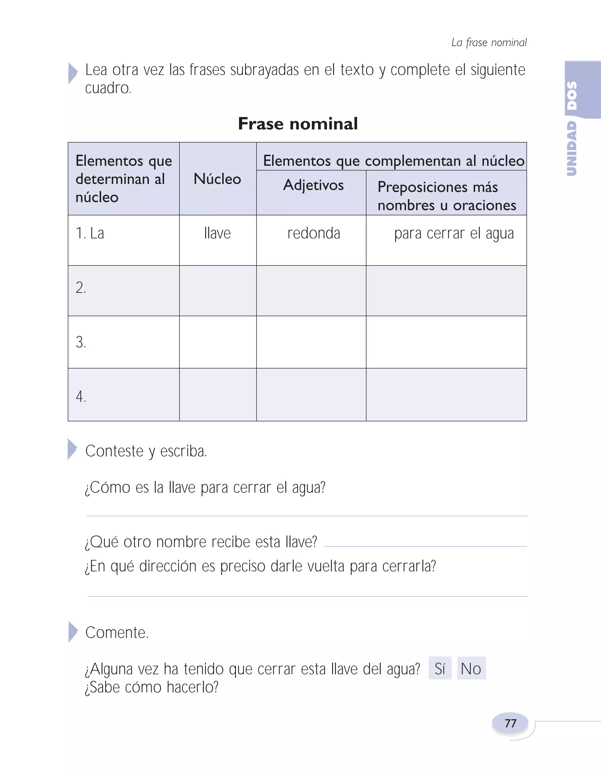 Fas Vamos escribir U2

5/25/04

6:55 PM

Página 77

La frase nominal

Lea otra vez las frases subrayadas en el texto y complete el siguiente
cuadro.

Frase nominal
Elementos que
determinan al
núcleo
1. La

Núcleo
llave

Elementos que complementan al núcleo
Adjetivos
Preposiciones más
nombres u oraciones
redonda

para cerrar el agua

2.
3.
4.
Conteste y escriba.
¿Cómo es la llave para cerrar el agua?
¿Qué otro nombre recibe esta llave?
¿En qué dirección es preciso darle vuelta para cerrarla?

Comente.
¿Alguna vez ha tenido que cerrar esta llave del agua? Sí No
¿Sabe cómo hacerlo?
77

 