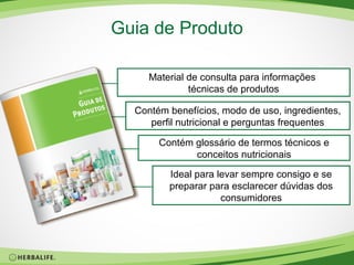 Guia de Produto
Material de consulta para informações
técnicas de produtos
Contém benefícios, modo de uso, ingredientes,
perfil nutricional e perguntas frequentes
Contém glossário de termos técnicos e
conceitos nutricionais
Ideal para levar sempre consigo e se
preparar para esclarecer dúvidas dos
consumidores

 