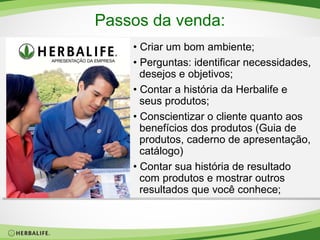 Passos da venda:
• Criar um bom ambiente;
• Perguntas: identificar necessidades,
desejos e objetivos;
• Contar a história da Herbalife e
seus produtos;
• Conscientizar o cliente quanto aos
benefícios dos produtos (Guia de
produtos, caderno de apresentação,
catálogo)
• Contar sua história de resultado
com produtos e mostrar outros
resultados que você conhece;

 