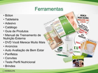 Ferramentas
• Bóton
• Tableteira
• Adesivo
• Catálogo
• Guia de Produtos
• Manual de Treinamento de
Nutrição Externa
• DVD Você Merece Muito Mais
• Anúncios
• Auto Avaliação de Bem Estar
• Panfletos
• Convites
• Teste Perfil Nutricional
• Brindes

 