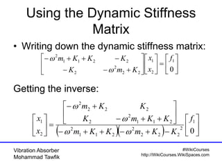 #WikiCourses
http://WikiCourses.WikiSpaces.com
Vibration Absorber
Mohammad Tawfik
Using the Dynamic Stiffness
Matrix
• Writing down the dynamic stiffness matrix:
Getting the inverse:




















0
1
2
1
22
2
2
2211
2
f
x
x
KmK
KKKm


   




















0
1
2
222
2
211
2
211
2
2
222
2
2
1 f
KKmKKm
KKmK
KKm
x
x



 