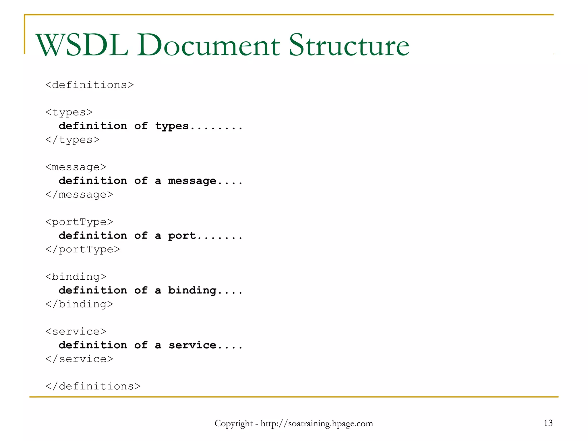 Copyright - http://soatraining.hpage.com 13
WSDL Document Structure
<definitions>
<types>
definition of types........
</types>
<message>
definition of a message....
</message>
<portType>
definition of a port.......
</portType>
<binding>
definition of a binding....
</binding>
<service>
definition of a service....
</service>
</definitions>
 