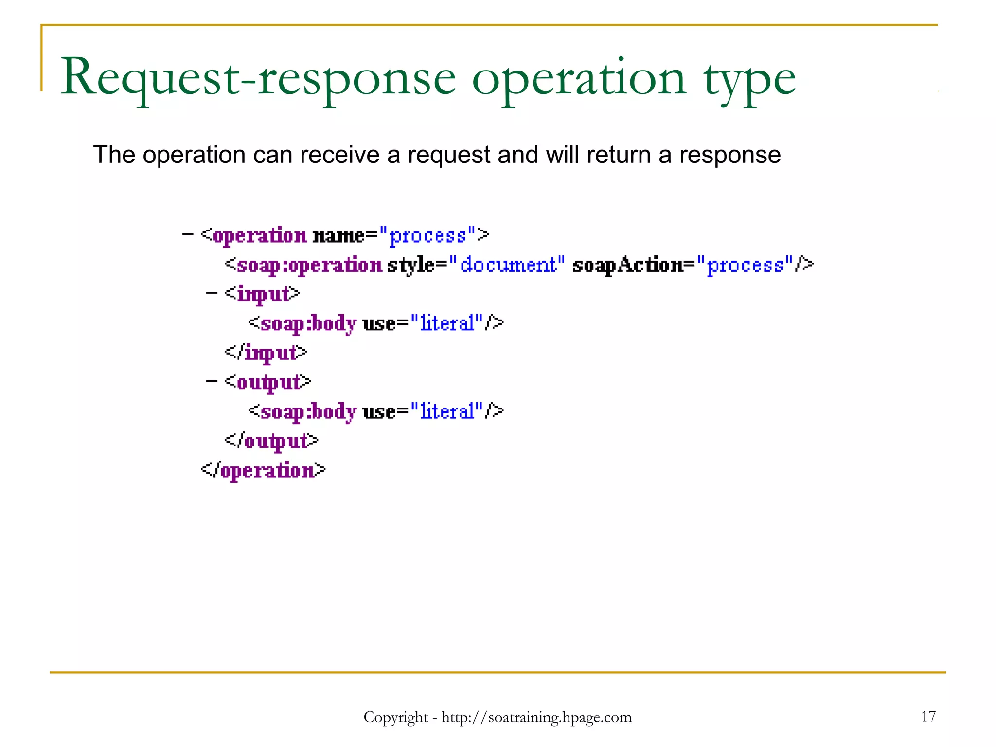 Copyright - http://soatraining.hpage.com 17
Request-response operation type
The operation can receive a request and will return a response
 