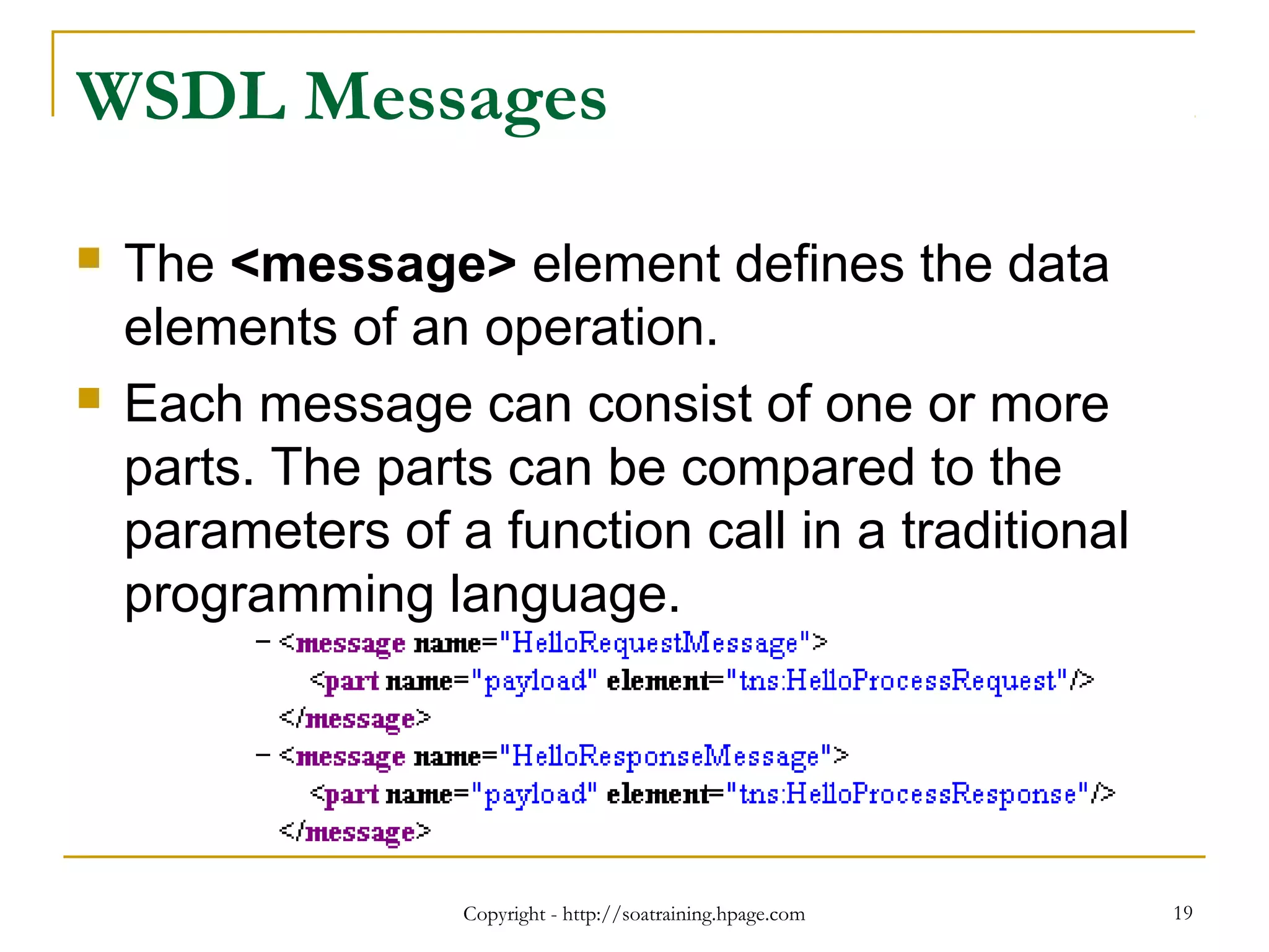 Copyright - http://soatraining.hpage.com 19
WSDL Messages
 The <message> element defines the data
elements of an operation.
 Each message can consist of one or more
parts. The parts can be compared to the
parameters of a function call in a traditional
programming language.
 