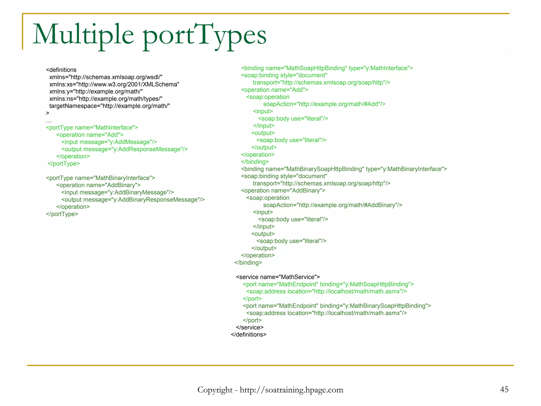 Copyright - http://soatraining.hpage.com 45
Multiple portTypes
<definitions
xmlns="http://schemas.xmlsoap.org/wsdl/"
xmlns:xs="http://www.w3.org/2001/XMLSchema"
xmlns:y="http://example.org/math/"
xmlns:ns="http://example.org/math/types/"
targetNamespace="http://example.org/math/"
>
…
<portType name="MathInterface">
<operation name="Add">
<input message="y:AddMessage"/>
<output message="y:AddResponseMessage"/>
</operation>
</portType>
<portType name="MathBinaryInterface">
<operation name="AddBinary">
<input message="y:AddBinaryMessage"/>
<output message="y:AddBinaryResponseMessage"/>
</operation>
</portType>
<binding name="MathSoapHttpBinding" type="y:MathInterface">
<soap:binding style="document"
transport="http://schemas.xmlsoap.org/soap/http"/>
<operation name="Add">
<soap:operation
soapAction="http://example.org/math/#Add"/>
<input>
<soap:body use="literal"/>
</input>
<output>
<soap:body use="literal"/>
</output>
</operation>
</binding>
<binding name="MathBinarySoapHttpBinding" type="y:MathBinaryInterface">
<soap:binding style="document"
transport="http://schemas.xmlsoap.org/soap/http"/>
<operation name="AddBinary">
<soap:operation
soapAction="http://example.org/math/#AddBinary"/>
<input>
<soap:body use="literal"/>
</input>
<output>
<soap:body use="literal"/>
</output>
</operation>
</binding>
<service name="MathService">
<port name="MathEndpoint" binding="y:MathSoapHttpBinding">
<soap:address location="http://localhost/math/math.asmx"/>
</port>
<port name="MathEndpoint" binding="y:MathBinarySoapHttpBinding">
<soap:address location="http://localhost/math/math.asmx"/>
</port>
</service>
</definitions>
 
