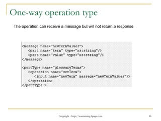 Copyright - http://soatraining.hpage.com 16
One-way operation type
The operation can receive a message but will not return a response
 