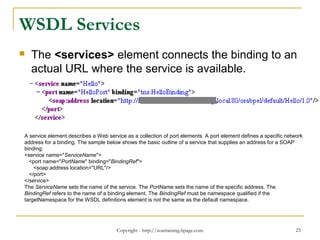 Copyright - http://soatraining.hpage.com 25
WSDL Services
 The <services> element connects the binding to an
actual URL where the service is available.
A service element describes a Web service as a collection of port elements. A port element defines a specific network
address for a binding. The sample below shows the basic outline of a service that supplies an address for a SOAP
binding:
<service name="ServiceName">
<port name="PortName" binding="BindingRef">
<soap:address location="URL"/>
</port>
</service>
The ServiceName sets the name of the service. The PortName sets the name of the specific address. The
BindingRef refers to the name of a binding element. The BindingRef must be namespace qualified if the
targetNamespace for the WSDL definitions element is not the same as the default namespace.
 