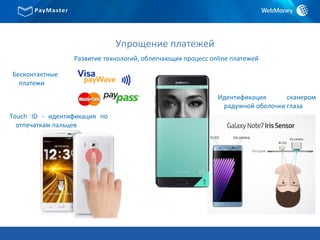 Упрощение платежей
Развитие технологий, облегчающих процесс online платежей
Touch ID - идентификация по
отпечаткам пальцев
Идентификация сканером
радужной оболочки глаза
Бесконтактные
платежи
 