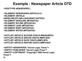 Example : Newspaper Article DTD
<!DOCTYPE NEWSPAPER [
<!ELEMENT NEWSPAPER (ARTICLE+)>
<!ELEMENT ARTICLE
(HEADLINE,BYLINE,LEAD,BODY,NOTES)>
<!ELEMENT HEADLINE (#PCDATA)>
<!ELEMENT BYLINE (#PCDATA)>
<!ELEMENT LEAD (#PCDATA)>
<!ELEMENT BODY (#PCDATA)>
<!ELEMENT NOTES (#PCDATA)>
<!ATTLIST ARTICLE AUTHOR CDATA #REQUIRED>
<!ATTLIST ARTICLE EDITOR CDATA #IMPLIED>
<!ATTLIST ARTICLE DATE CDATA #IMPLIED>
<!ATTLIST ARTICLE EDITION CDATA #IMPLIED>
<!ENTITY NEWSPAPER "Vervet Logic Times">
<!ENTITY PUBLISHER "Vervet Logic Press">
<!ENTITY COPYRIGHT "Copyright 1998 Vervet Logic
Press">
]>
 